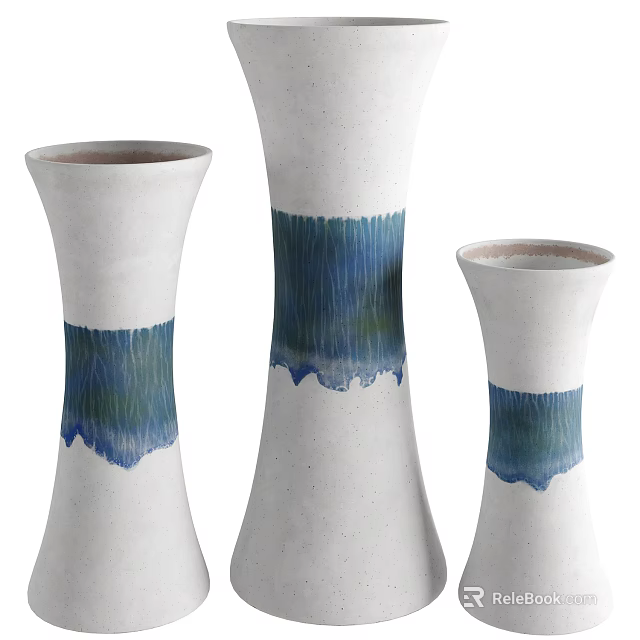 Elegant White Ceramic Vases With Blue Brushstroke Decoration In Various Sizes 3d model 