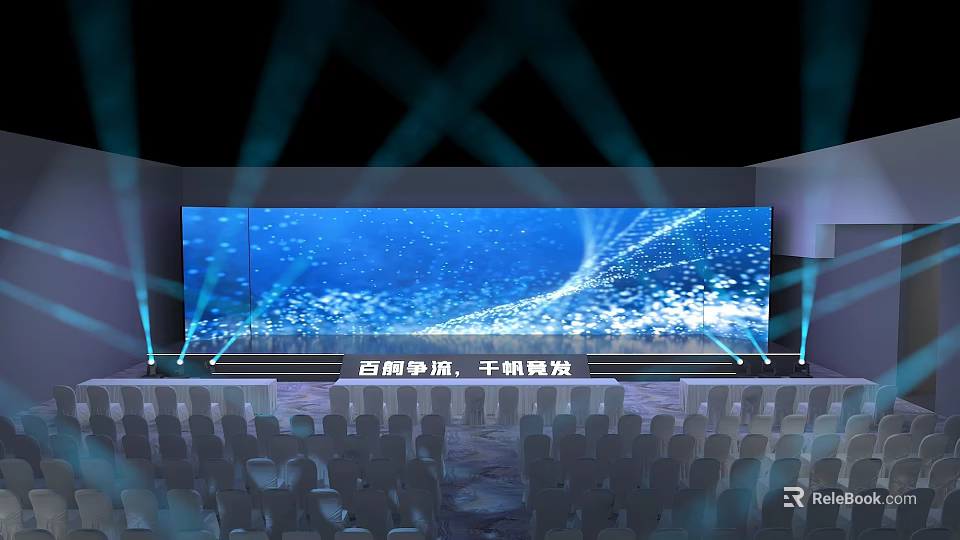 Banquet Hall With Large LED Screen Dynamic Blue Light Effects And Stage Audience Seats 3d model 