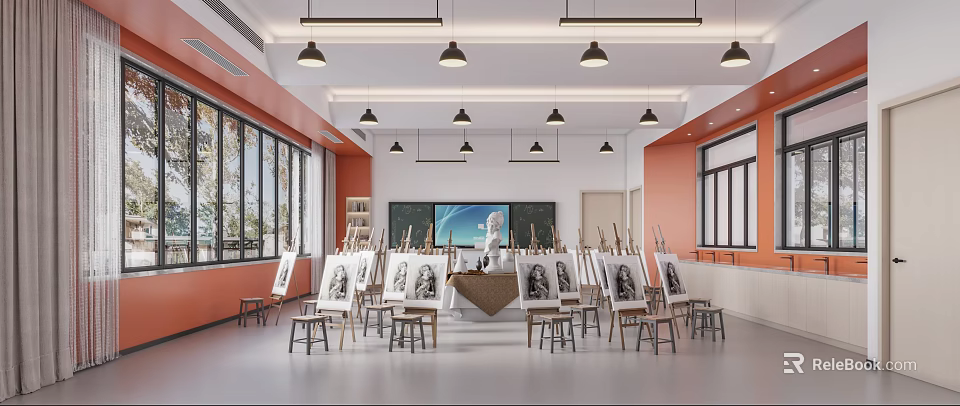 Art Studio Interior With Easels Canvases Plaster Statue Orange Walls And Pendant Lights 3d model 