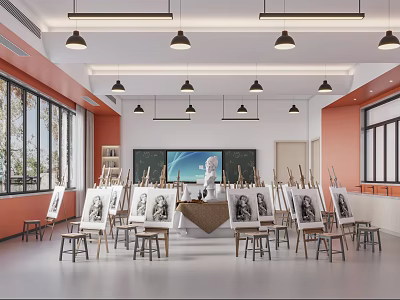 Art Studio Interior With Easels Canvases Plaster Statue Orange Walls And Pendant Lights 3d model
