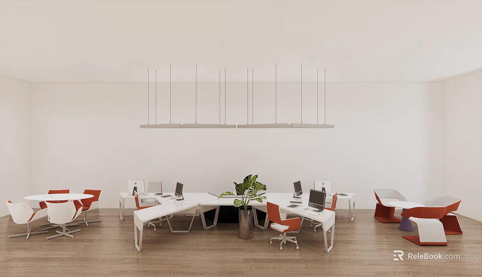 Modern White Office Desk in Open Workspace With Orange Chairs Green Plants and Hanging Lights 3d model 