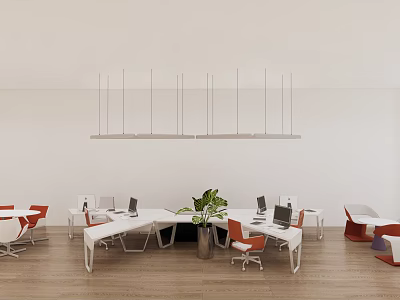 Modern White Office Desk in Open Workspace With Orange Chairs Green Plants and Hanging Lights 3d model