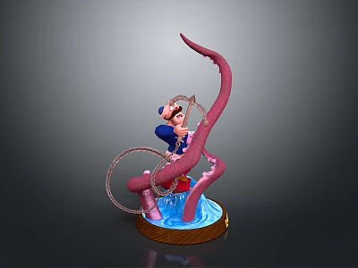 Cartoon Character In Blue Grabbing Octopus Tentacle With Metal Chain And Water Splash On Base 3d model