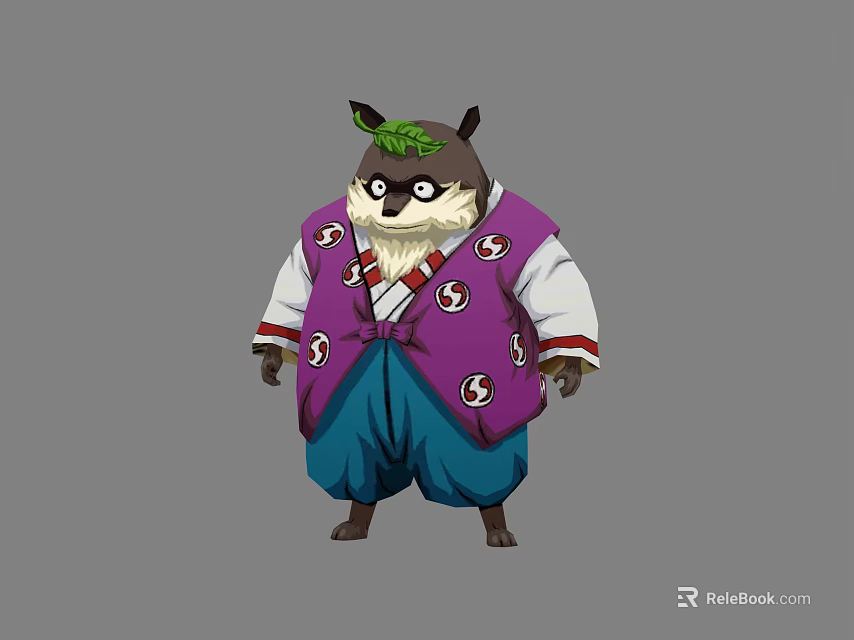 Anthropomorphic Raccoon Like Creature Character With Leaf On Head Glasses Purple Vest And Blue Pants 3d model 