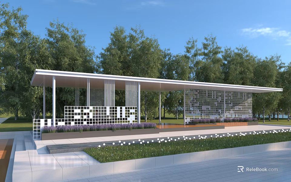 Modern Pergola With Lattice Panels In Garden Surrounded By Trees And Lawn 3d model 