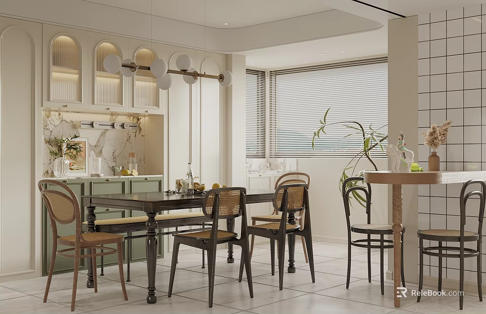 Elegant Modern Restaurant Interior With Dining Table Chairs Pendant Lights And Cabinets 3d model 