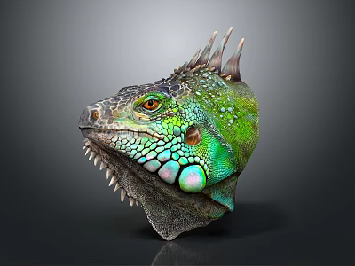 Vibrant Iguana Head with Green and Blue Scales Spikes and Orange Eyes on Dark Background 3d model