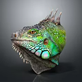 Vibrant Iguana Head with Green and Blue Scales Spikes and Orange Eyes on Dark Background