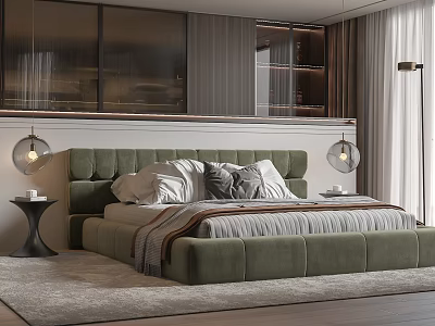 Elegant Modern Bedroom With Double Bed Green Upholstered Headboard Gray Carpet Table Lamps And Curtains 3d model