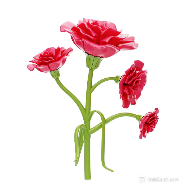 Beautiful Red Carnations Plant with Four Flowers and Green Stems Leaves 3d model 