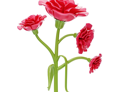Beautiful Red Carnations Plant with Four Flowers and Green Stems Leaves 3d model