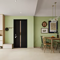Cozy Dining Living Room Interior With Wooden Cabinets Green Walls Pendant Lights And Green Chairs