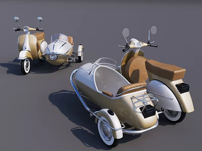 Vintage Motorcycles With Sidecar Beige Seats Silver Gray Body And Retro Design 3d model