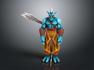 Mythical Blue Horned Creature 3D Model With Spear Brown Pants And Arm Wraps 3d model