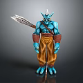 Mythical Blue Horned Creature 3D Model With Spear Brown Pants And Arm Wraps
