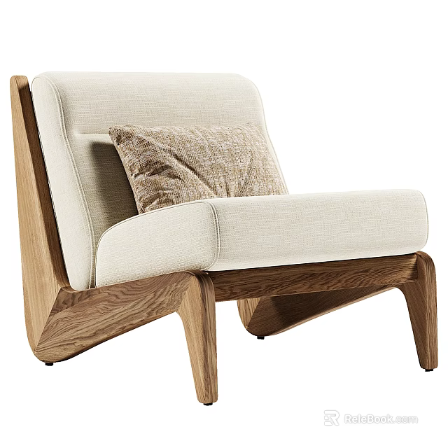 Modern Beige Fabric Armchair With Wooden Frame And Accent Pillow Design 3d model 
