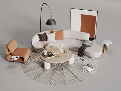 Modern Beige Curved Sofa And Round Coffee Table With Accent Pillows And Striped Rug 3d model