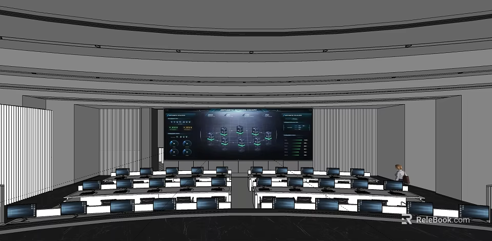 Modern Control Room With Large Monitor And Organized Computer Workstations 3d model 