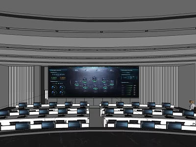 Modern Control Room With Large Monitor And Organized Computer Workstations 3d model
