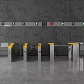 Public Facility Entrance With Yellow Top Turnstiles Gray Wall Green Arrow Devices And Red Button