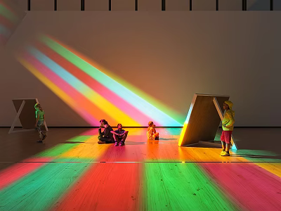 Vibrant Exhibition Hall With Colorful Light Projections Children Interacting Geometric Installations And Wooden Floor 3d model