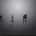 Three Wooden Furniture Shelves And Stands On Gray Background With Reflective Floor