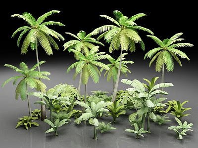 Various Green Plants Including Tall Palm Trees and Low Leafy Shrubs in Natural Scene 3d model