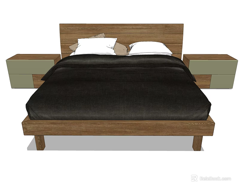 Wooden Frame Double Bed With Black Bedding White Pillows And Green Side Nightstands 3d model 