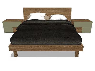 Wooden Frame Double Bed With Black Bedding White Pillows And Green Side Nightstands 3d model