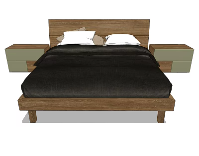 Wooden Frame Double Bed With Black Bedding White Pillows And Green Side Nightstands 3d model