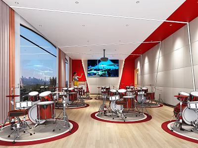 School Music Classroom With Red Drum Sets In Circles Large Screen And City View Windows 3d model