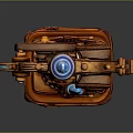 Steampunk Mechanical Device With Brass Gears Wooden Base And Blue Glass Element