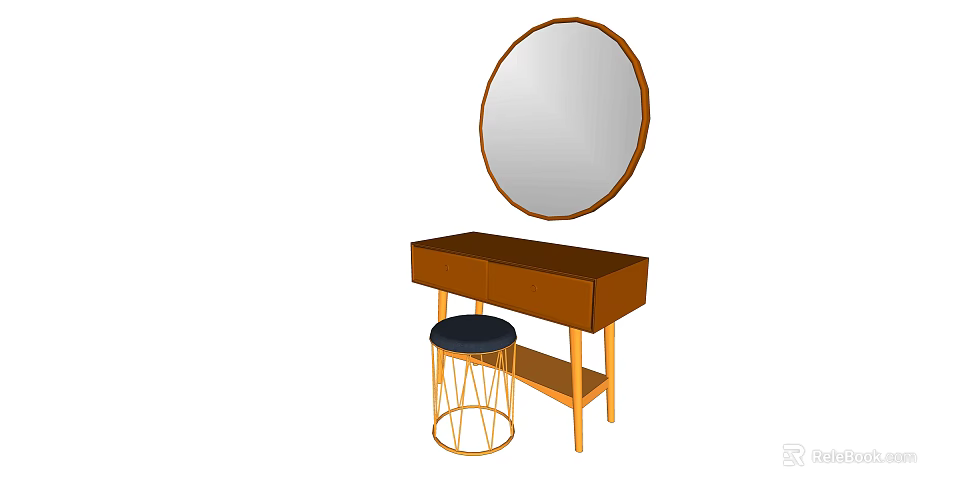 Stylish Wooden Dressing Table With Round Mirror Gold Legs And Black Cushion Stool 3d model 
