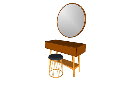 Stylish Wooden Dressing Table With Round Mirror Gold Legs And Black Cushion Stool 3d model