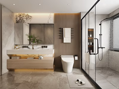 Modern Elegant Bathroom Interior With Marble Vanity Smart Toilet And Glass Shower Enclosure 3d model