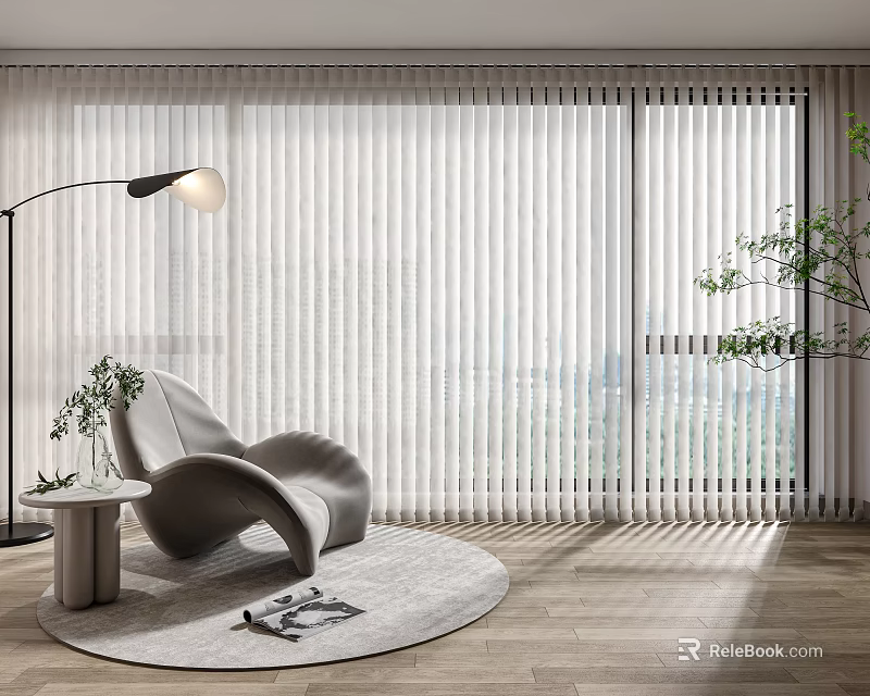 White Vertical Blinds For Modern Living Room With Floor To Ceiling Windows And Natural Light 3d model 