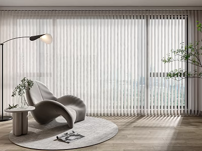 White Vertical Blinds For Modern Living Room With Floor To Ceiling Windows And Natural Light 3d model