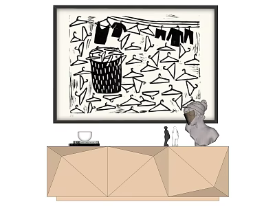 Interior With Decorative Painting Shirts Laundry Basket Geometric Cabinet Stuffed Toy Cup Books 3d model