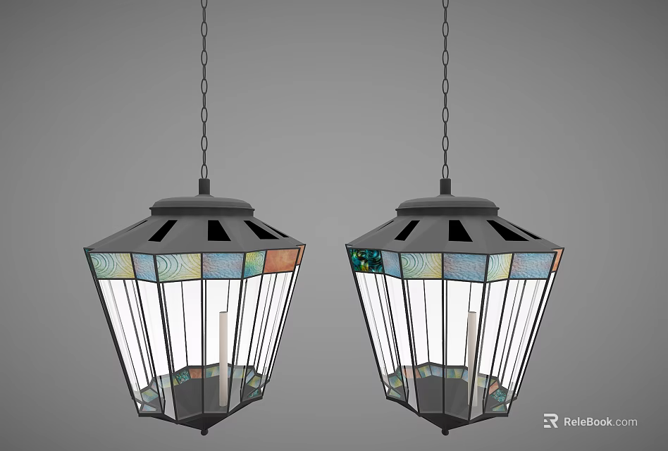 Two Stained Glass Chandeliers With Geometric Design And Metal Frame Chain Hanging 3d model 