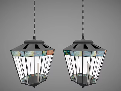 Two Stained Glass Chandeliers With Geometric Design And Metal Frame Chain Hanging 3d model