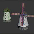 Decorative Windmill Model Equipment With Wooden Blades Straw Roof White Body And Stone Base
