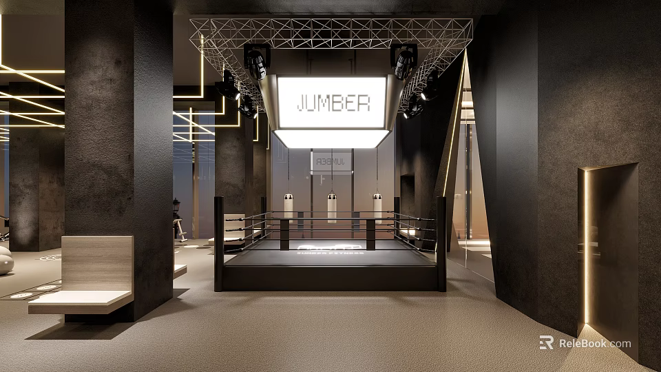 Modern JUMBLE Boxing Gym Interior Featuring Professional Ring And Training Space 3d model 
