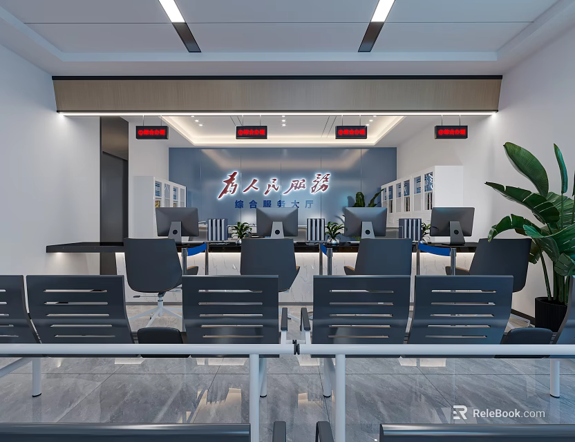 Bright Service Hall Interior With Service Counters Computers Waiting Chairs Digital Screens And Green Plants 3d model 