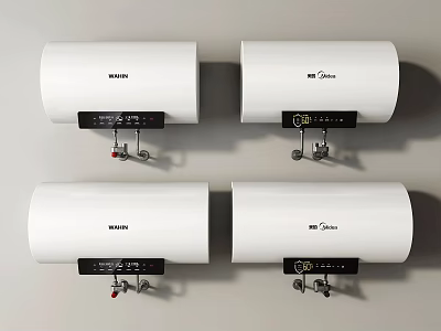Four White Wall Mounted Haier And Midea Electric Water Heaters With Control Panels And Pipes 3d model