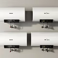 Four White Wall Mounted Haier And Midea Electric Water Heaters With Control Panels And Pipes