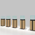 Multiple Glass Display Shelving Units with Gold Frames and Wooden Bases 3d model