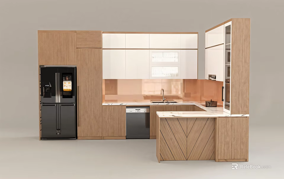 Modern Kitchen Interior With Wooden And White Cabinets Island And Appliances 3d model 