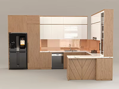 Modern Kitchen Interior With Wooden And White Cabinets Island And Appliances 3d model
