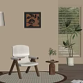 White Leisure Armchair in Cozy Interior with Floor Lamp Decorative Painting Plants and Window Blinds