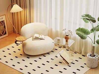 Cozy Living Room Corner With Beige Curved Armchair Small Coffee Table And Green Plant 3d model